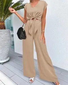 Cap Sleeve V Neck Belted Crop Tops Wide Leg Pant Sets