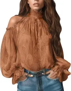 Romwe Women's Plus Size Paisley Print Cold Shoulder Top