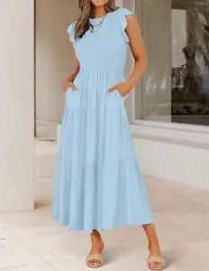 Short Sleeve Smocked Midi Dress ZESICA