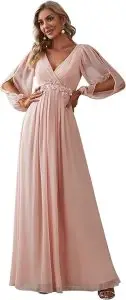 V Neck Long Sleeves Floor Length Ruched Chiffon A-Line Dress Ever-Pretty
