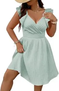 Wrap Front Sweetheart Neck Ruffle Cap Sleeve A Line Dress Floerns