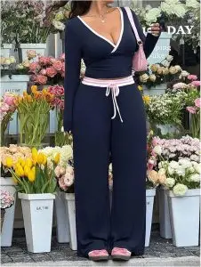 Verdusa Women's Plus Size 2 Piece Rib-Knit Top and Wide Leg Pant Set